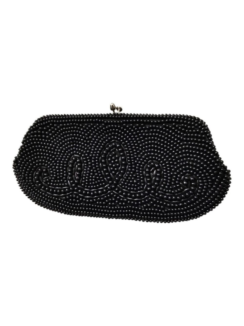 Vntg Black Beaded Clutch With Kiss Lock